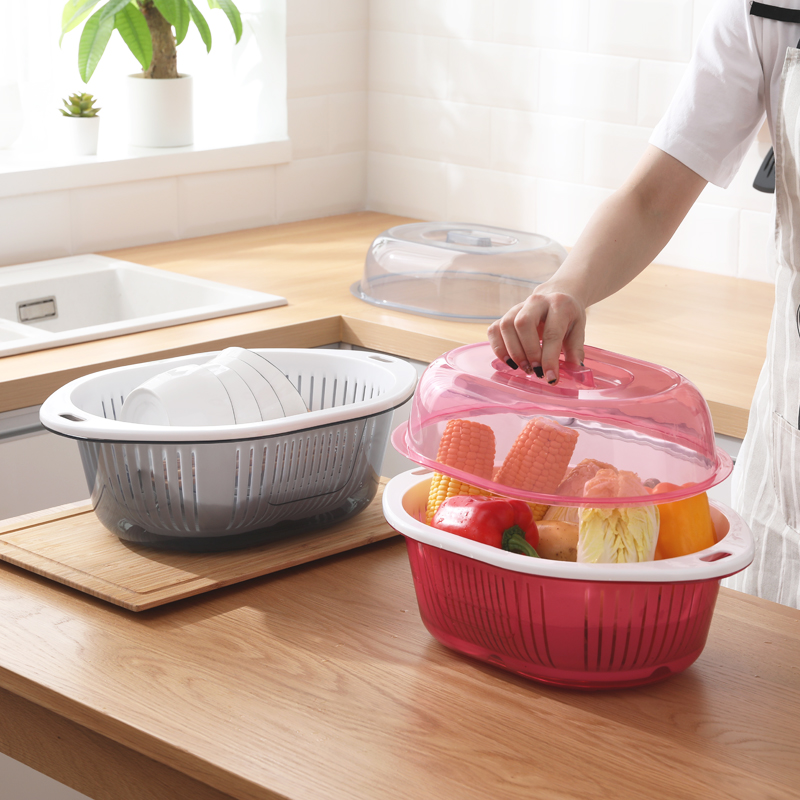 双层塑料保洁篮洗菜筐水果蔬菜盆厨房沥水篮加厚带盖滴水筛淘菜篓