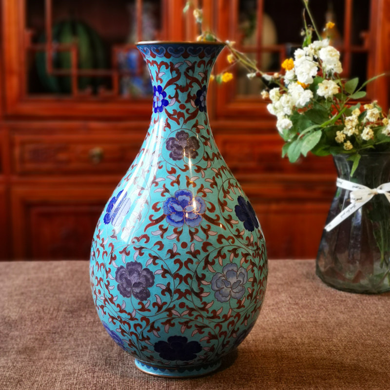 珐琅摆件景泰蓝花瓶牡丹纹纯铜胎玉壶春赏瓶北京特产特色工艺品