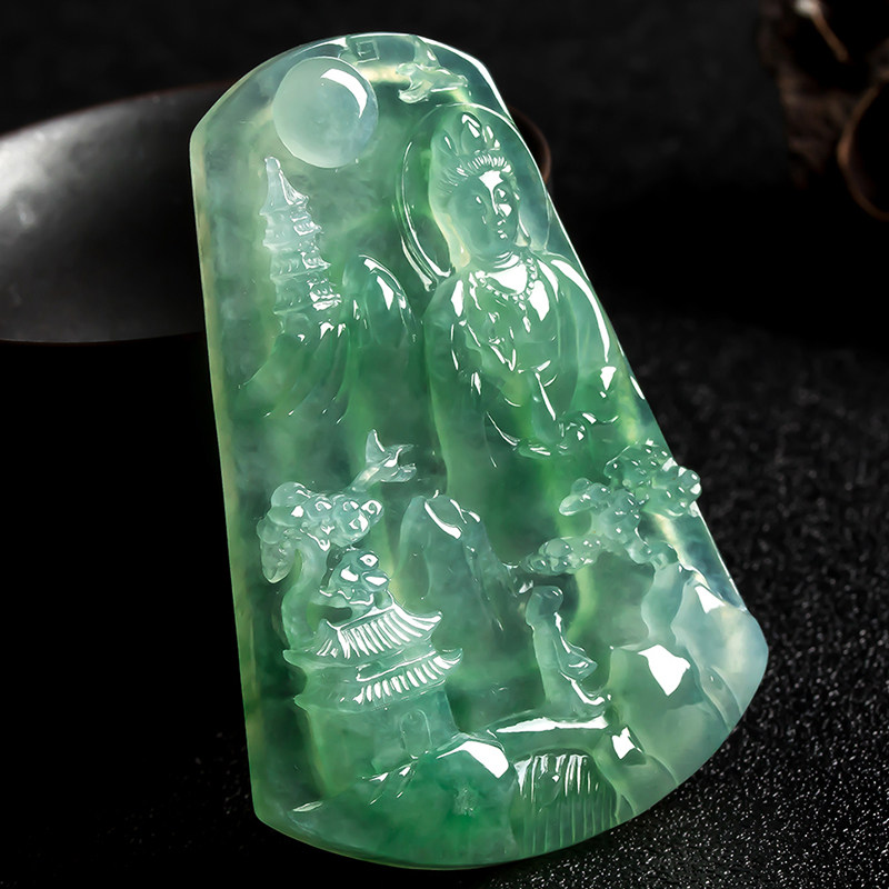 天然翡翠a货冰种飘绿精雕山水观音吊坠35.60g