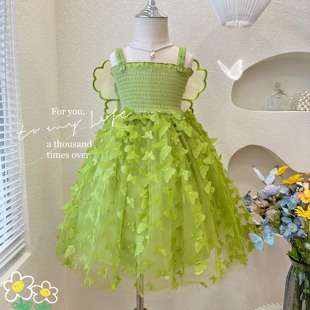 女童连衣裙夏季2023新款宝宝吊带裙子洋气小女孩绿色带翅膀公主裙