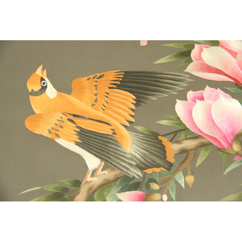 苏绣 双面绣地屏 《玉兰花鸟》