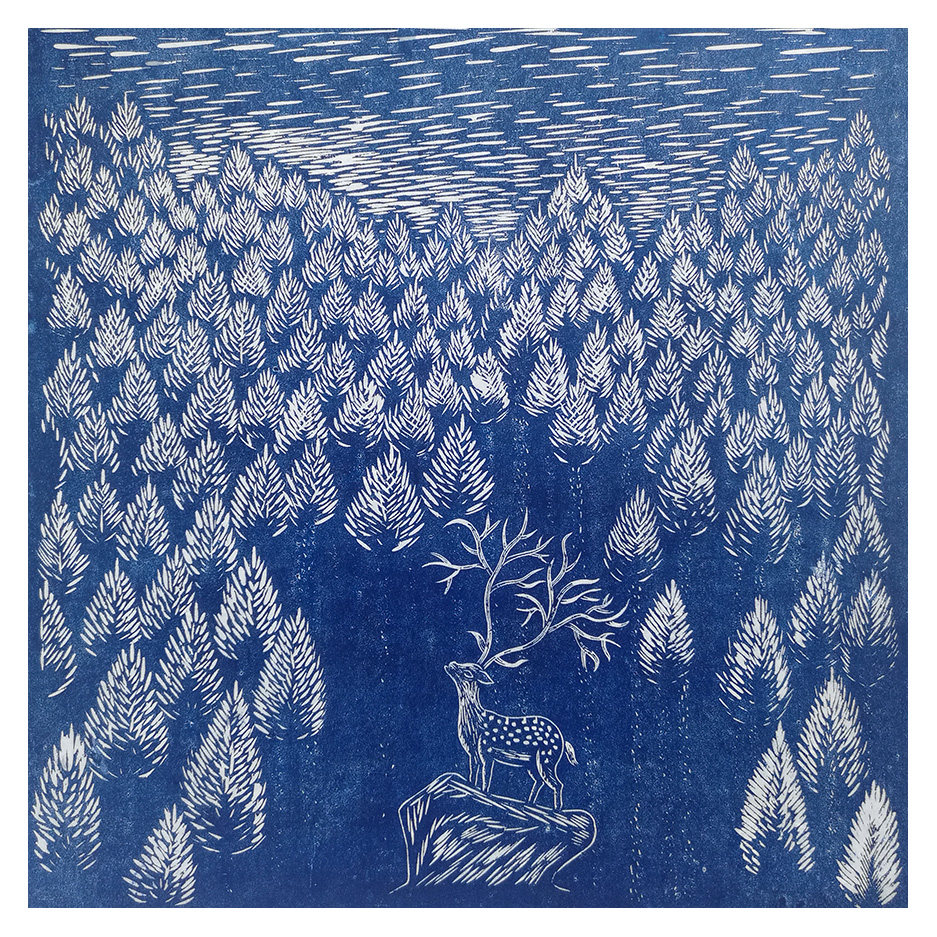 庄伟良《森林里的风景02》木刻限量版画 43/50