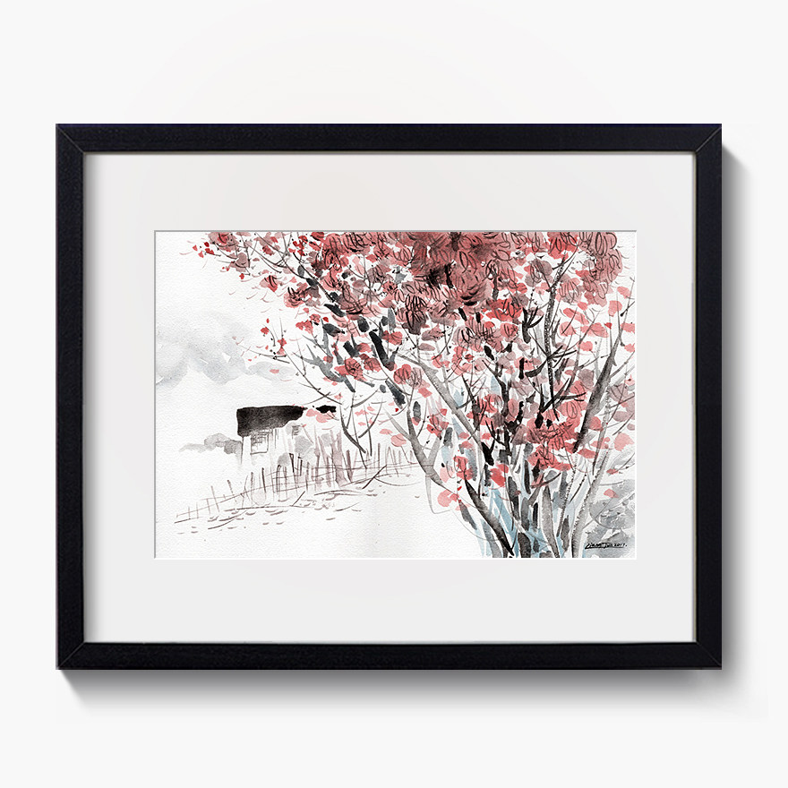 梁军《山里人家01》水彩画┃画框装裱