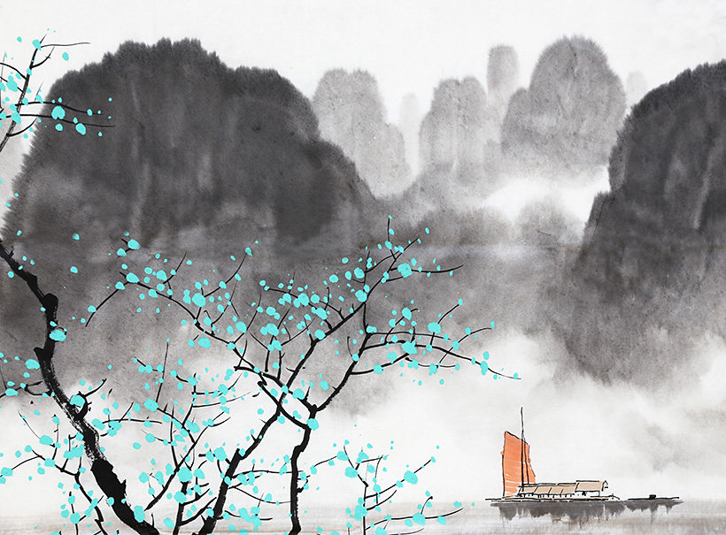 广西艺院 张泉踪《烟江帆影》彩墨漓江山水画创始人 独家授权7729