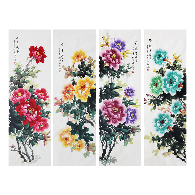 凌江《四条屏牡丹》实力派画家 110x35cm*4 墨华斋1463