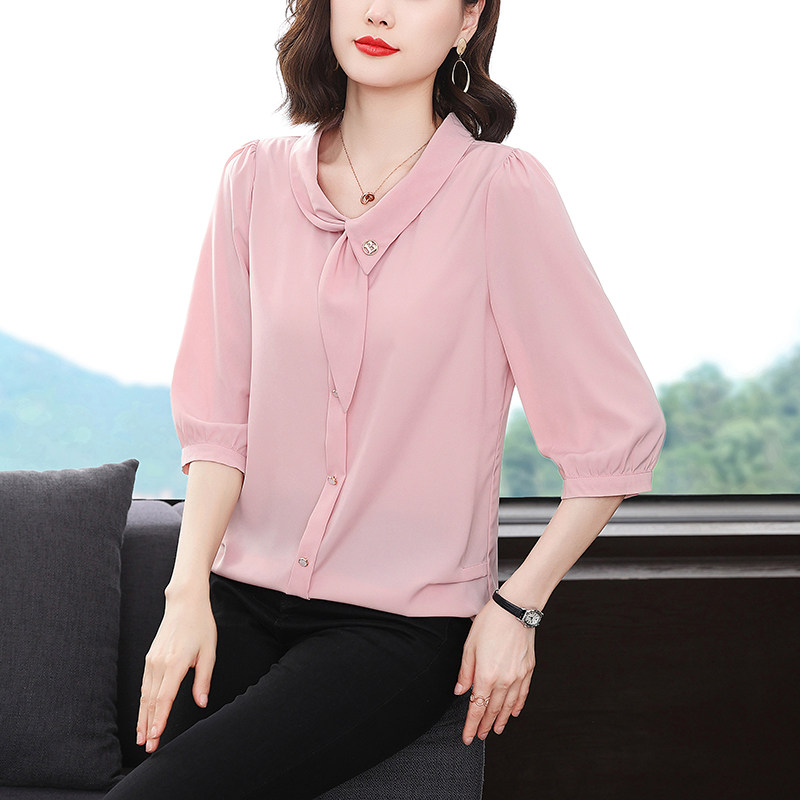 时尚纯色五分袖雪纺衫女轻奢宽松气质t恤夏装简约潮流上衣薄款洋