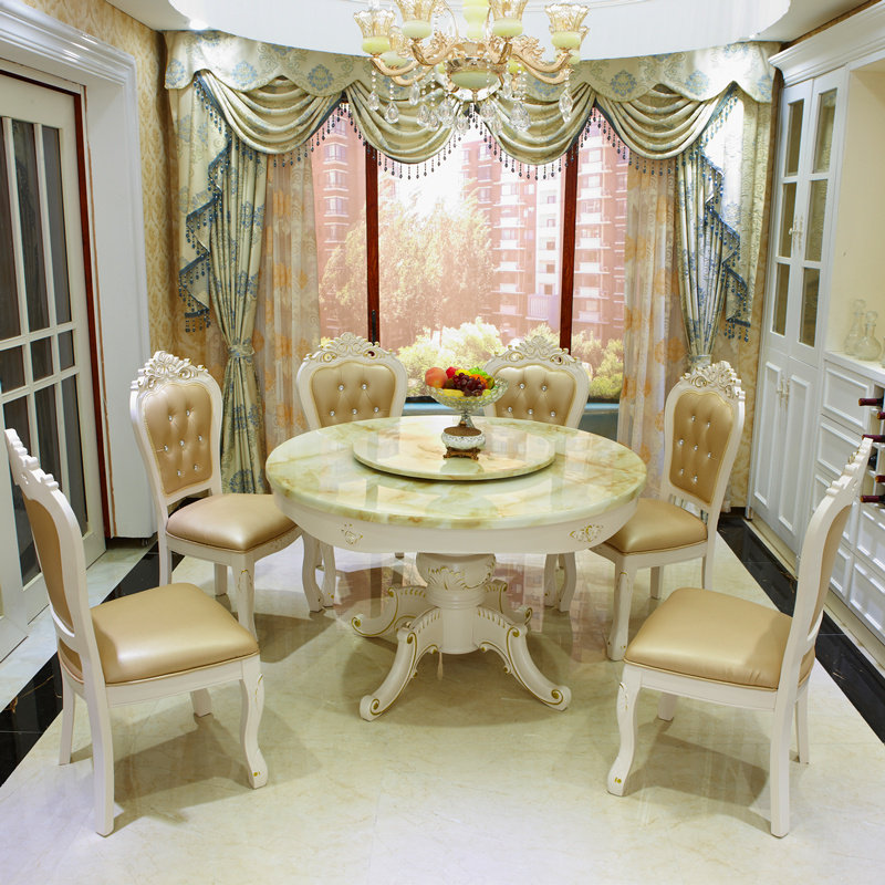 欧式大理石餐桌小户型带转盘实木圆桌美式奢华家用金色餐桌椅组合