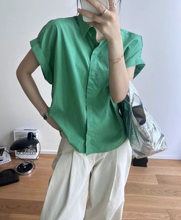 QIANBEISI24夏装新款卷边短袖韩版纯色单排扣小翻领休闲衬衫上衣