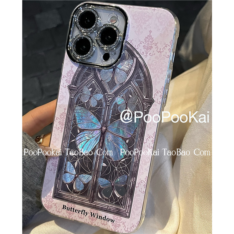 PooPooKai高级感欧美复古窗户蝴蝶适用苹果15iphone14手机壳13promax防摔ins保护套12小众11少女日韩时尚全包