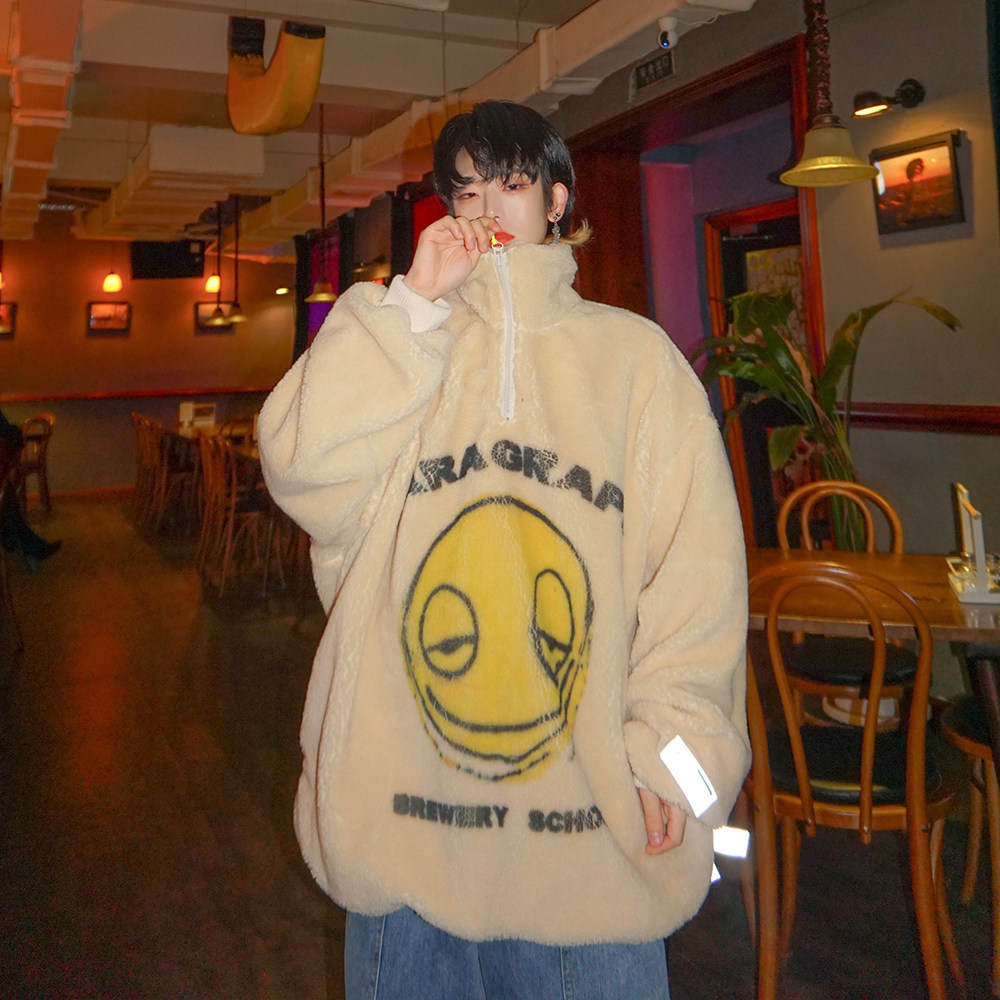 热销笑脸外套男_leman金俊高领卫衣男宽松ins羊羔毛情