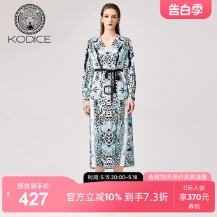 KODICE女装夏季新款复古巴洛克豹纹印花V领长袖收腰连衣裙长裙子