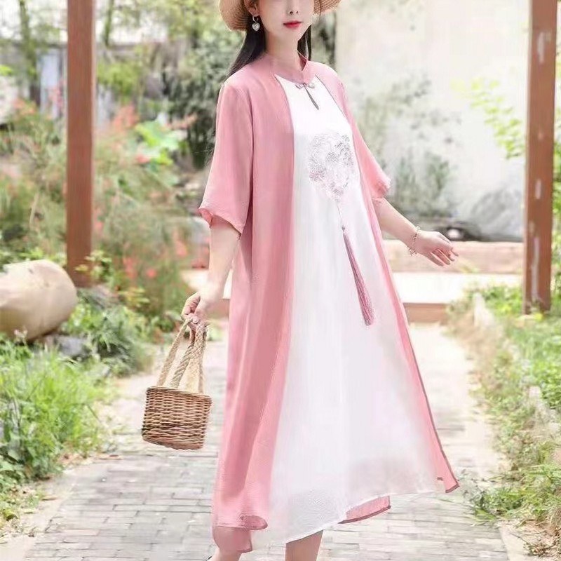夏季新款宽松中国风女装复古盘扣改良版刺绣旗袍假两件连衣裙女