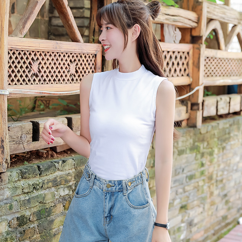 纯棉白色小半高领背心女夏 韩版紧身气质外穿内搭百搭打底无袖t恤