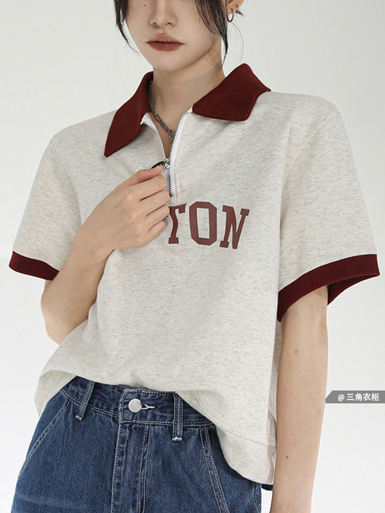 2023年新款以纯53短袖印花字母拉链polo领短袖体恤夏季上衣女t恤