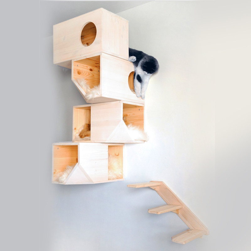 catsle豪华实木猫跳台壁挂式猫窝多层跳台猫爬架 组合猫玩具梯子_5折