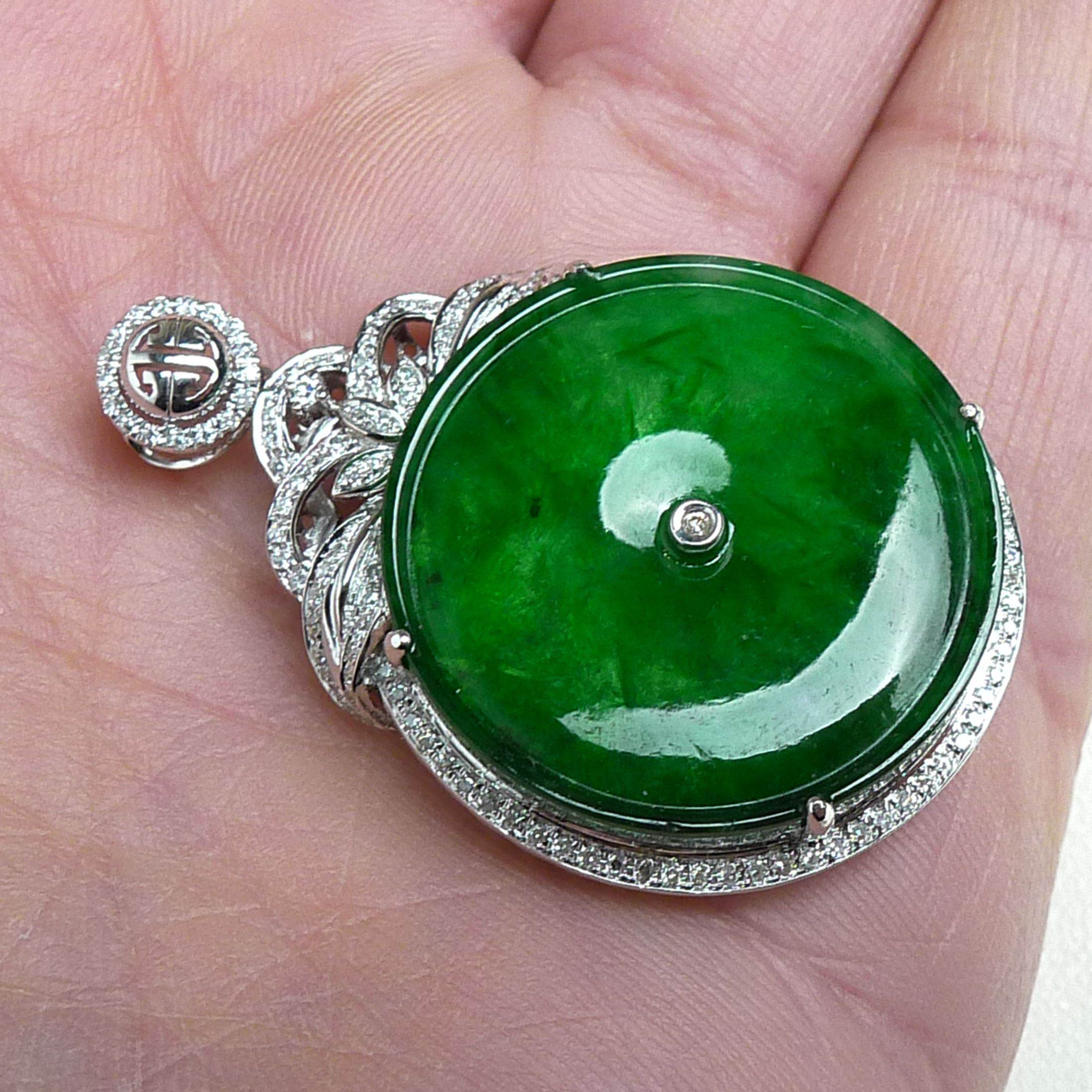 天然缅甸a货翡翠18k白金南非钻豪华镶嵌冰阳绿平安扣吊坠7.02克