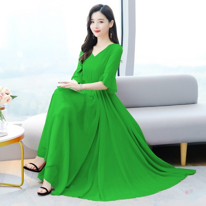 雪纺纯色连衣裙女夏2021新款洋气果绿色大摆沙滩裙v领遮肚子长裙