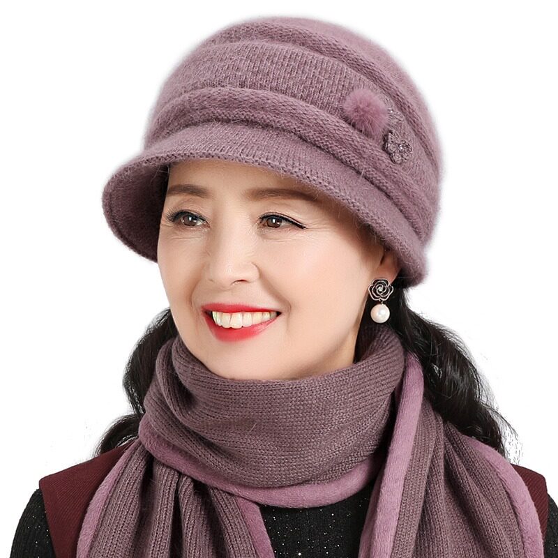 新款时尚帽子女冬天中老年人奶奶老人老太婆防寒百搭洋气兔毛线帽