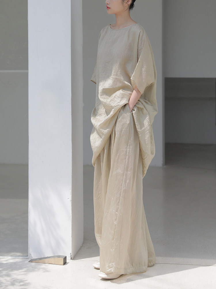 天丝亚麻褶皱设计感小众上衣罩衫女中长款宽松上衣国风改良长袍春