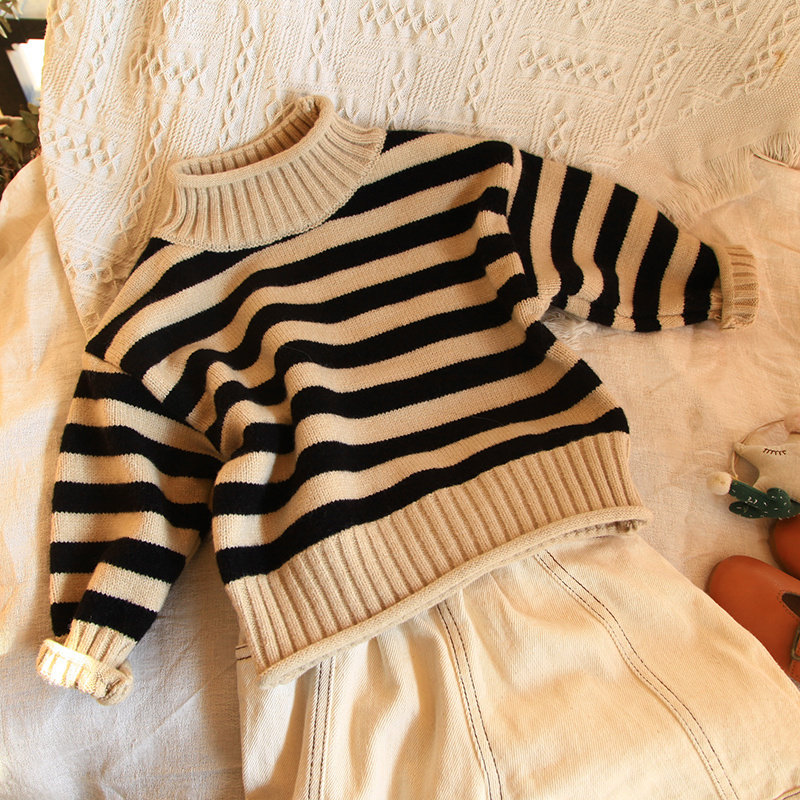 21秋冬男童 女童半高领条纹毛衣宽松韩国儿童卷边设计打底针织衫