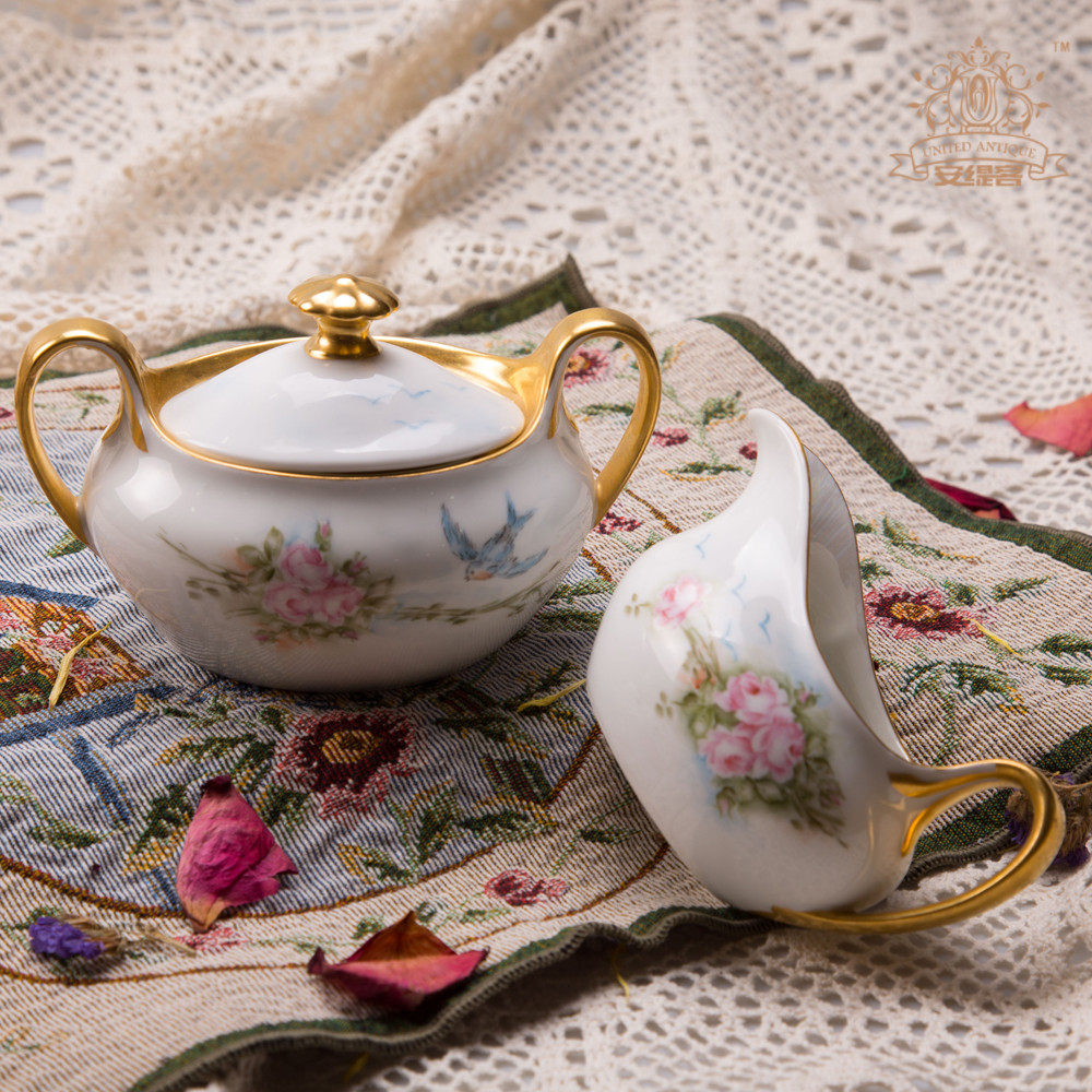 糖缸奶壶咖啡具陶瓷德国鎏金手绘欧式小奢华家居客厅摆件装饰摆设