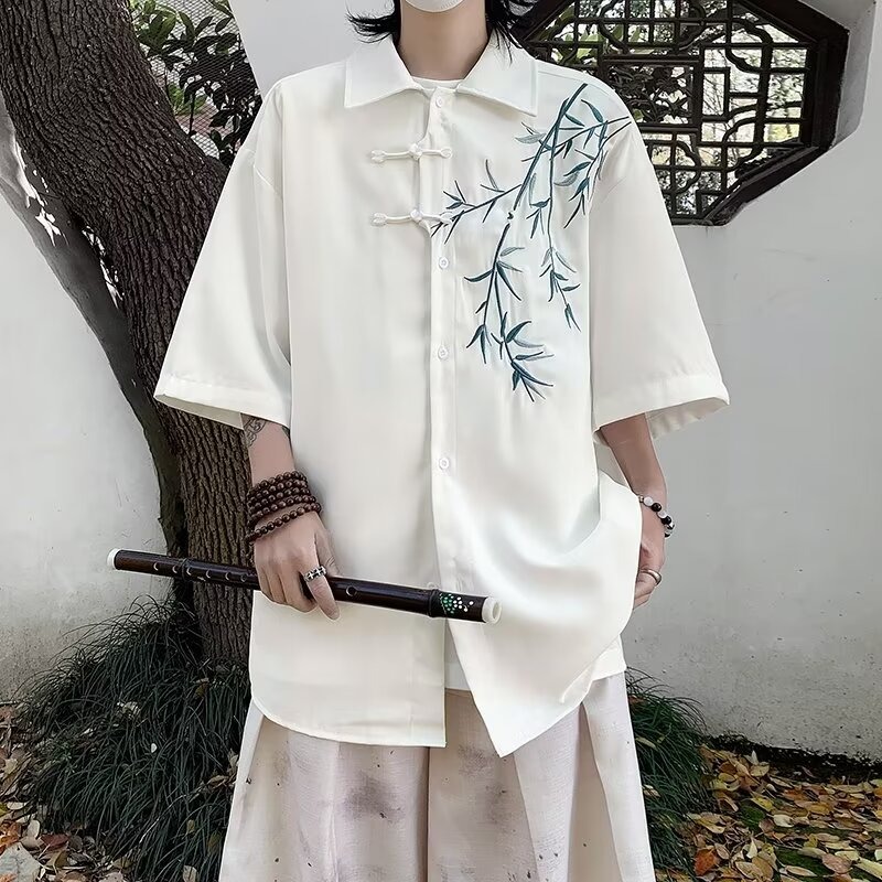 新中式中国潮风刺绣竹子短袖衬衫男装设计感夏季唐装盘扣衬衣外套