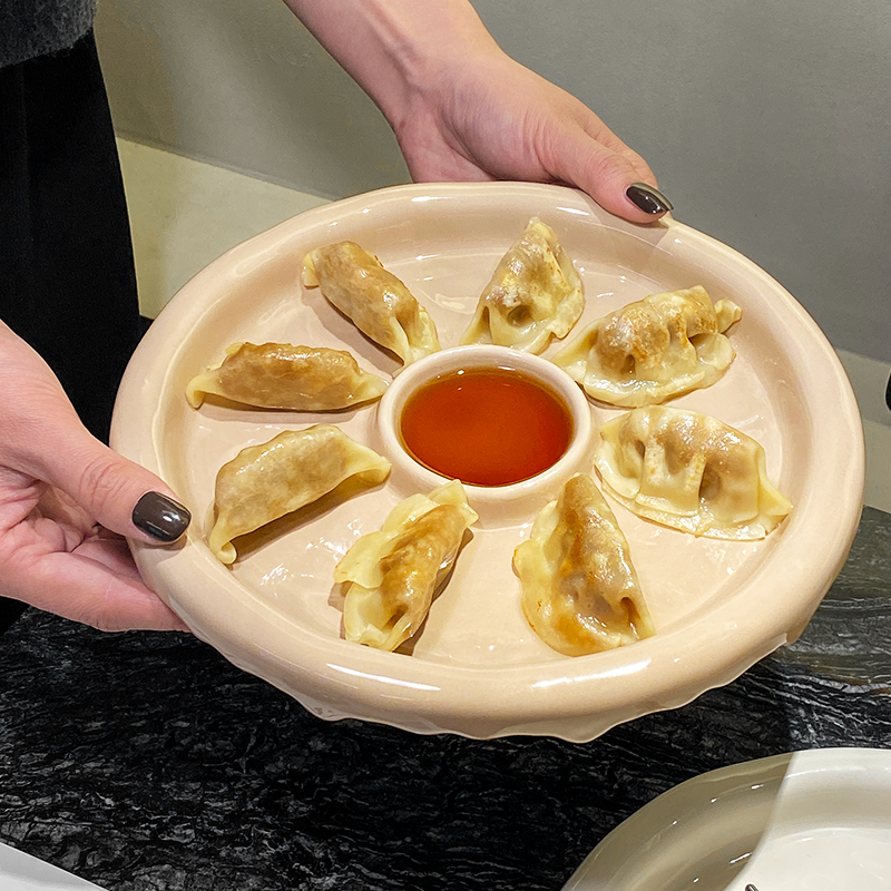 高级感饺子盘家用菜盘水饺专用盘带醋碟轻奢陶瓷餐盘子母盘小吃盘