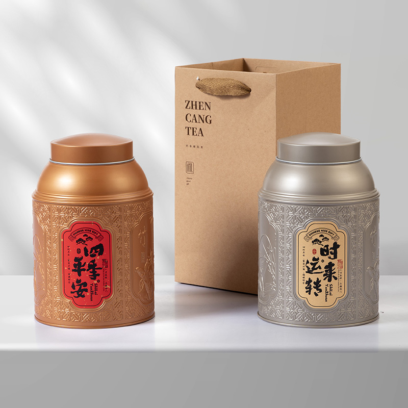 四季之美圆罐新款马口铁罐茶叶包装罐压纹图案国风复古空罐茶叶罐