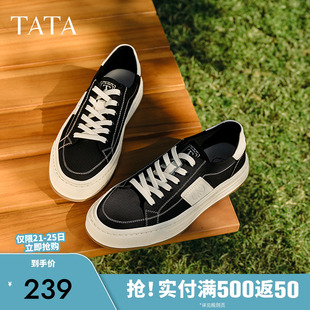 TATA他她厚底黑色板鞋男鞋德训鞋商务休闲帆布鞋2025新款QGD01AM5
