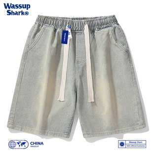 WASSUP SHARK夏季美式复古牛仔短裤男宽松薄款五分裤休闲直筒中裤