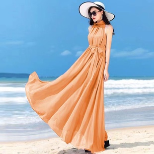 超长及踝长裙2023新款波西米亚纯色雪纺大码连衣裙度假沙滩裙超仙