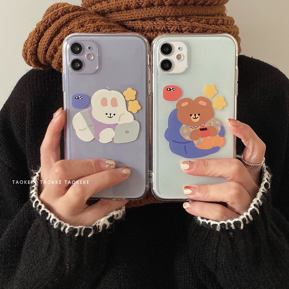 可爱插画情侣小熊苹果11透明手机壳适用iphone12华为p40pro/nova7