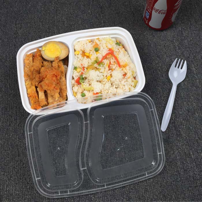 一次性饭盒环保塑料分格两格餐盒快餐外卖打包盒双格餐盒带盖1000