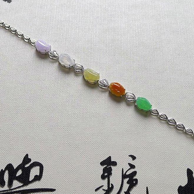 18k金镶钻冰种吉祥三彩a货翡翠招财貔貅手链 8.46克