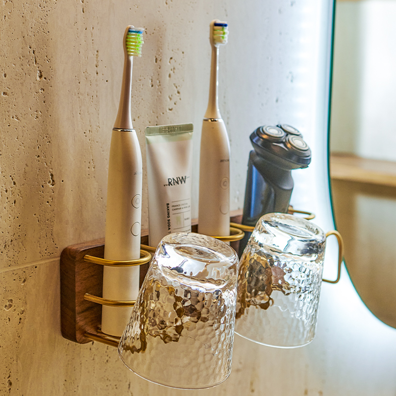 电动牙刷置物架卫生间实木轻奢免打孔浴室放牙杯牙膏收纳架壁挂式