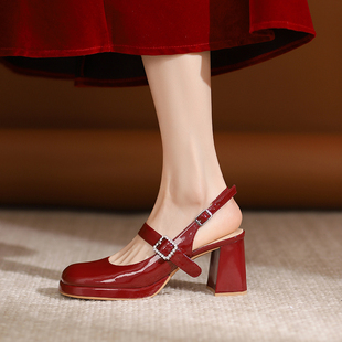 新中式酒红色高跟鞋女配裙子玛丽珍鞋舒适厚底粗跟婚鞋包头凉鞋