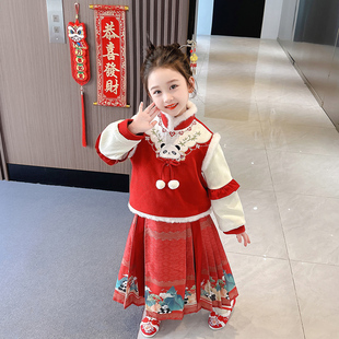 女童马面裙套装冬装2023新款唐装女宝宝时髦红色中国风汉服两件套