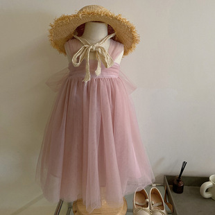 韩系女童吊带裙夏季小女孩洋气蓬蓬裙儿童超仙粉色背心网纱公主裙
