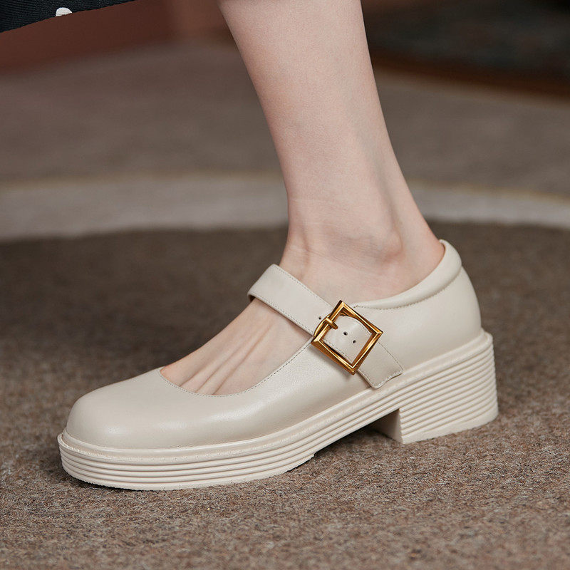 21春夏新款真皮厚底米白色浅口玛丽珍鞋女粗跟松糕底圆头百搭单鞋