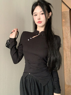 秋季新款新中式改良旗袍修身长袖T恤女高级感减龄打底衫黑色上衣