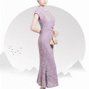 新中式紫色蕾丝鱼尾裙中长款春季改良年轻少女款旗袍小清新连衣裙