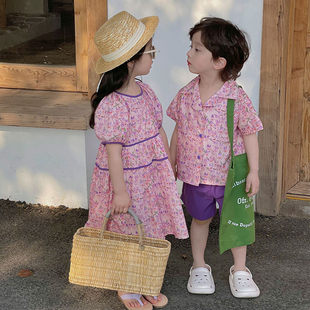2023新款兄妹装儿童海边度假姐弟装韩版亲子装短袖衬衫夏季套装潮