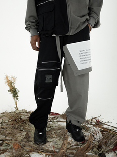 solidify 黑灰翻盖印花口袋拼色竹节棉束脚魔术贴调节秋冬工装裤