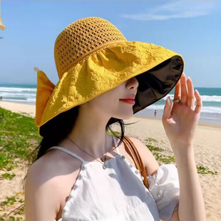 针织透气黑胶蝴蝶结渔夫帽子女款2024新款夏季遮阳海边防晒太阳帽
