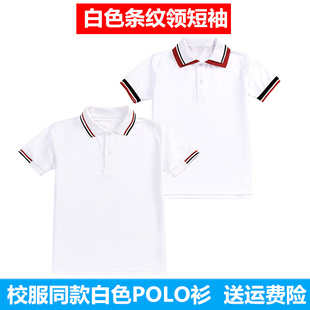 夏装新款男女童白色条纹领短袖T恤大童学院风中小学生校服polo衫