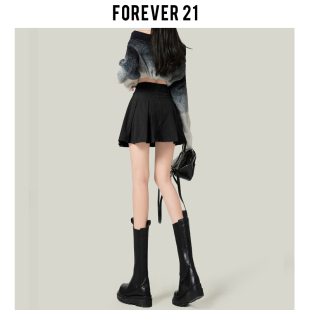 Forever21黑色百褶裙伯克利半身裙女2024新款春夏季A字牛仔短裙子