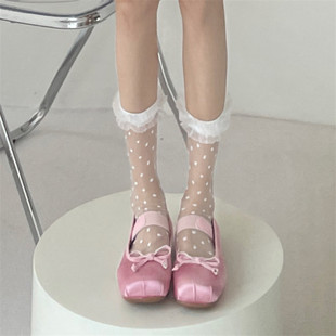 圆点木耳边短袜薄款玻璃丝袜透明蕾丝洛丽塔jk波点可爱甜美袜子女