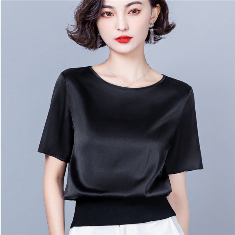 杭州丝绸真丝上衣女夏季圆领醋酸缎面短袖百搭大牌桑蚕丝t恤洋气