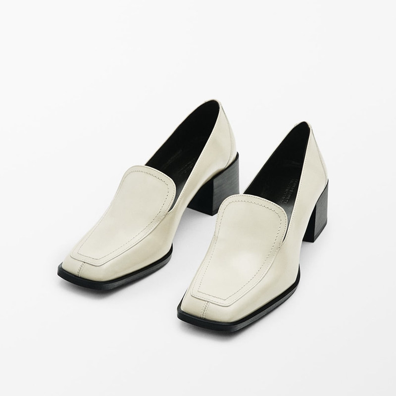 massimodutti女鞋白色黑色方头真皮跟单英伦纯色高跟鞋单鞋 原价1290