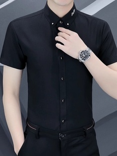 ZaSaFran~夏季新款衬衫男短袖商务休闲韩版黑色免烫半袖修身衬衣